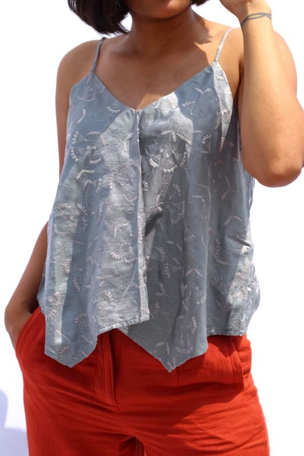 Kantha embroidered cami top in grey